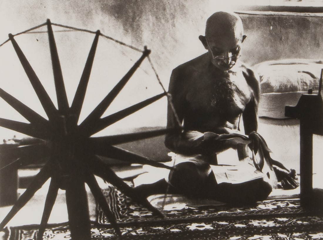 Margaret Bourke-White (American, 1904-1971) 'Gandhi and His Spinning Wheel' Gelatin Silver Print: Margaret Bourke-White (American, 1904-1971) 'Gandhi and His Spinning Wheel' Gelatin Silver Print 1946, reprinted 1974 by Life Magazine to publicize a retrospective exhibit, having Historic Images barc