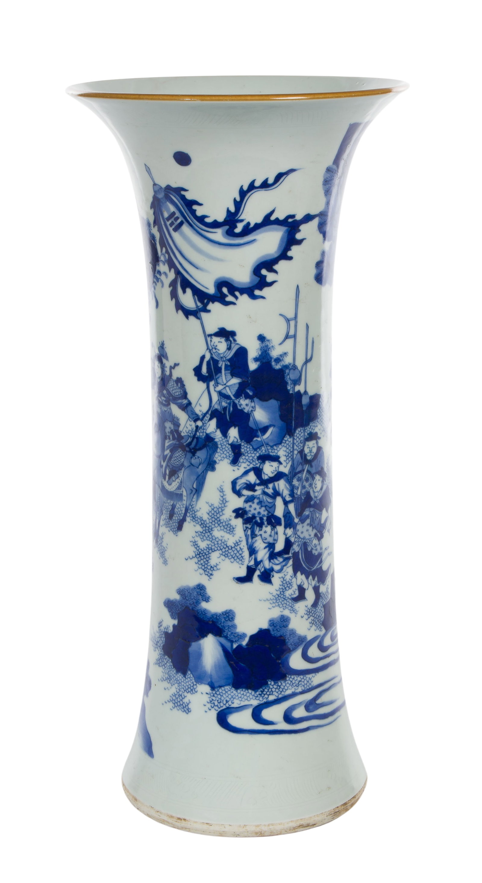 Chinese Blue and White Porcelain Gu Vase: Chinese Blue and White Porcelain Gu Vase Flaring vase having underglaze blue decoration depicting a mounted warrior and his attendants encountering a kneeling peasant hunter carrying a deer on his bac