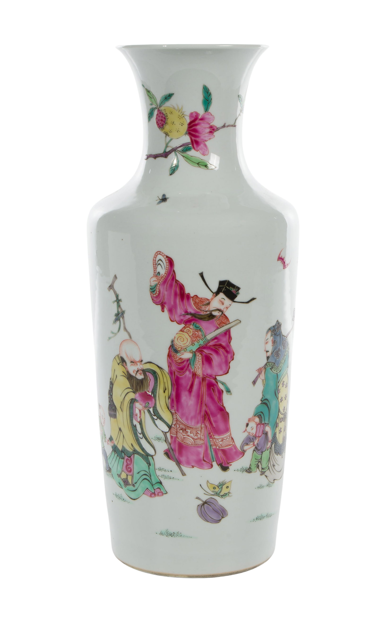 Chinese Famille Rose Porcelain Vase: Chinese Famille Rose Porcelain Vase Having overglaze enamel decoration depicting three Daoist immortals, bats, butterflies, flowers and fruit, having an unmarked glazed underside Property from: a Priv