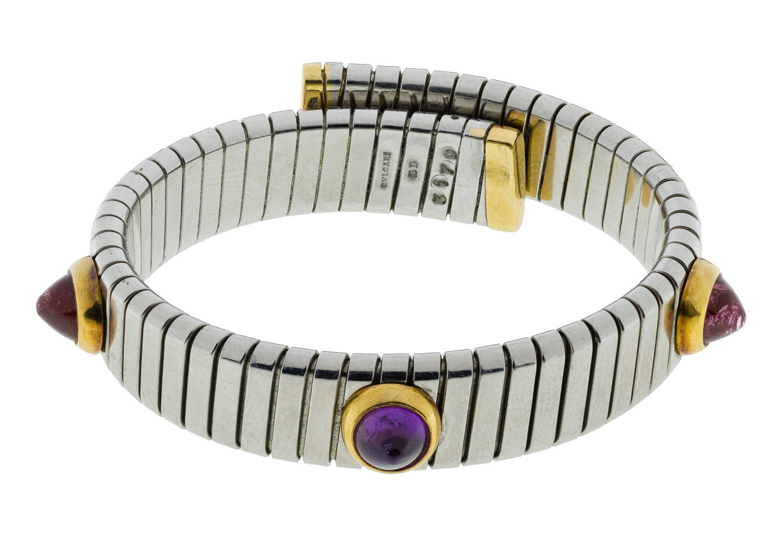 Bulgari / Bvlgari 18k Yellow Gold and Steel Tubogas Bracelet: Bulgari / Bvlgari 18k Yellow Gold and Steel Tubogas Bracelet Two-tone design having an amethyst and (2) pink tourmaline pointed bezel set cabochons, flex band in stainless steel with gold end caps and