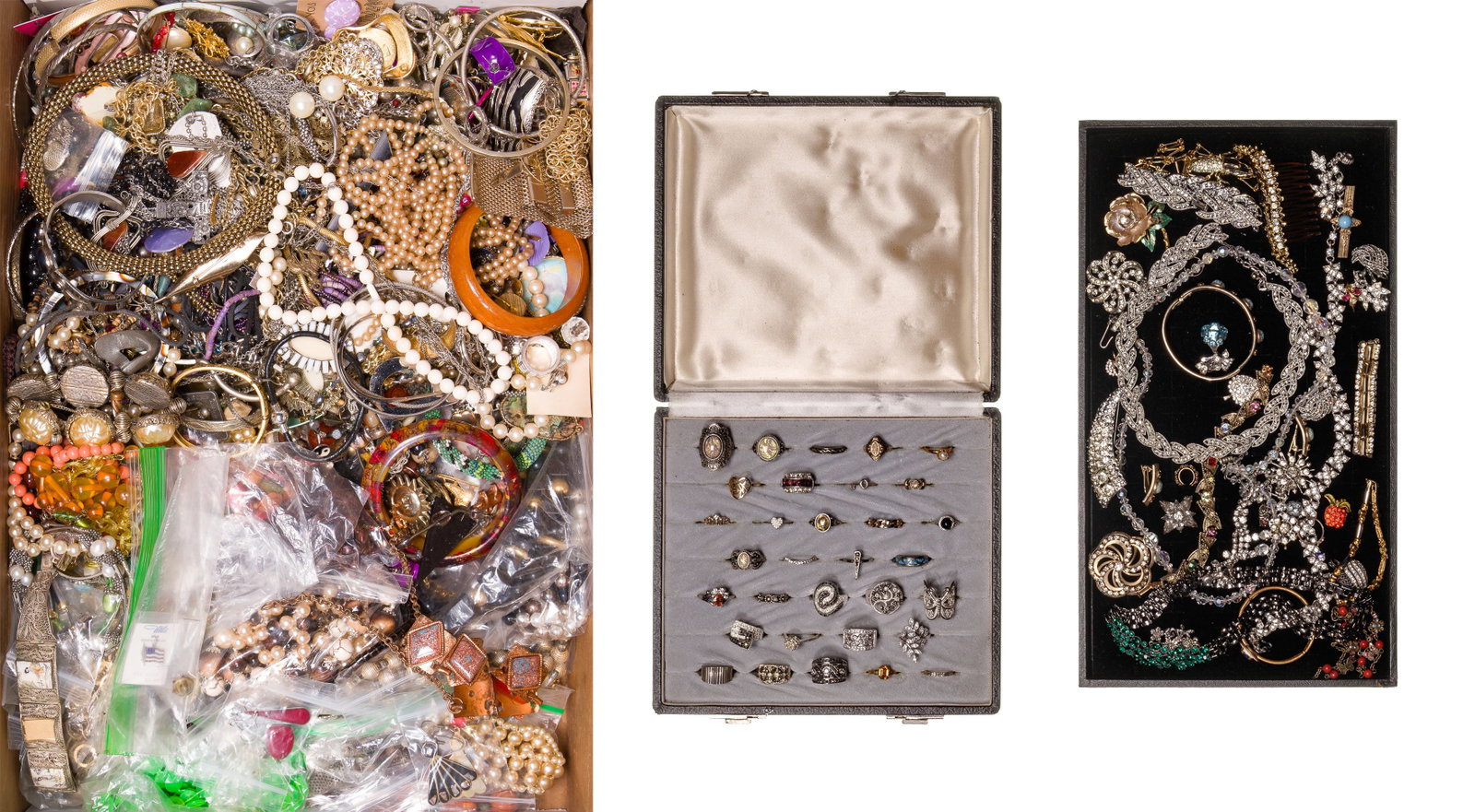 Rhinestone and Costume Jewelry Assortment: Rhinestone and Costume Jewelry Assortment Approximately (20) pounds of fashion jewelry including rings, necklaces, bracelets, earrings, pins and pendants, some having rhinestones, gemstones Property f