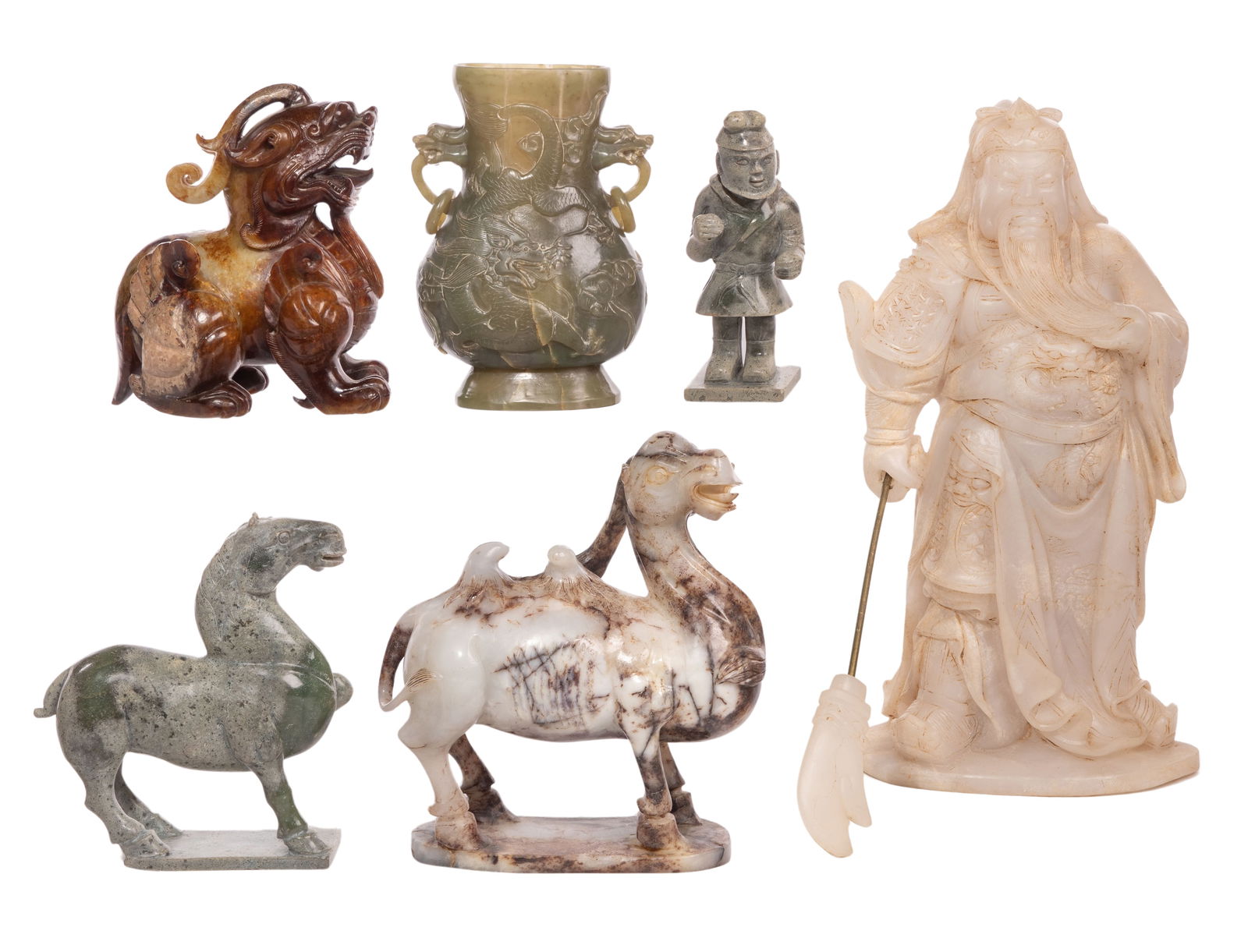 Asian Carved Stone Decorative Objects: Asian Carved Stone Decorative Objects (6) items including a jadeite hu form having two foo lion handles, freely carved rings, the body having carved dragons, a brown jadeite mythological creature, a G