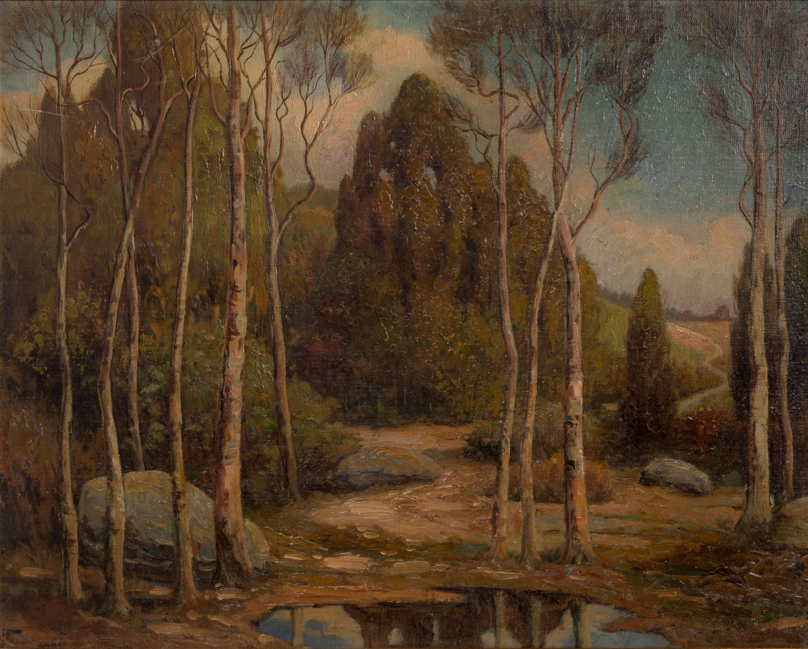 Charles W. Fryer (American, 1890-1958) Oil on Canvas: Charles W. Fryer (American, 1890-1958) Oil on Canvas Undated, faintly signed lower left, illegible writing lower right, depicting a pathway through a forest, in a painted gold frame Property from: a P