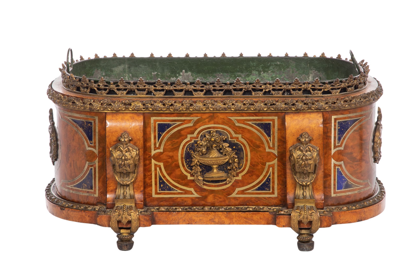 Louis XVI Wood Jardiniere: Louis XVI Wood Jardiniere Having burl wood body, brass and enameled inlay, ormolu gallery, trim and mounts, zinc liner Property from: a Private Collector, Arlington Heights, Illinois Height: 9 inches,