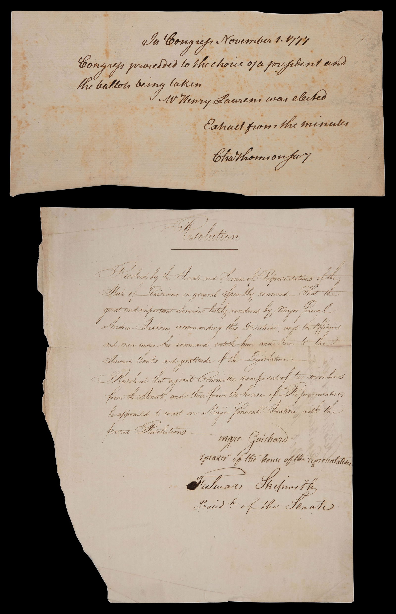 Charles Thomson and Fulwar Skipwith Signed Documents: Charles Thomson and Fulwar Skipwith Signed Documents (2) items including a Charles Thomson 1777 excerpt from the Continental Congress minutes, signed lower right, previous owner inscription on the rev