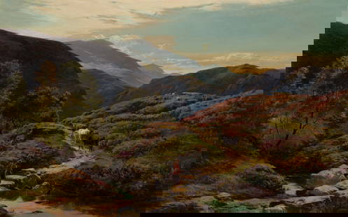 Sidney Richard Percy (British, 1821-1886) 'On the Fells, Borrowald, Cumberland' Oil on Canvas: Sidney Richard Percy (British, 1821-1886) 'On the Fells, Borrowald, Cumberland' Oil on Canvas 1875, signed lower left center, depicting a shepherdess on a moor-covered hill, in a gilt and gesso wood f