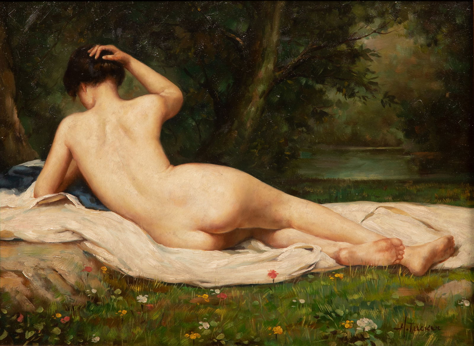 Henry Tucker (American, 20th Century) Oil on Board: Henry Tucker (American, 20th Century) Oil on Board Undated, signed lower right, depicting a reclining nude figure in a forest, in a gold-tone wood frame, including paperwork Property from: a Private C