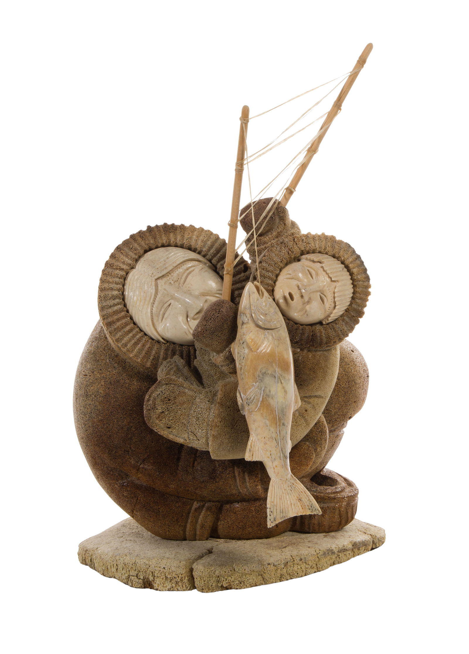 Kent Heindel (American, b.1962) Inuit Fossilized Whale Bone Sculpture: Kent Heindel (American, b.1962) Inuit Fossilized Whale Bone Sculpture Undated, signed on back edge, depicting two figures with a fishing pole having a fish attached to the pole, authentic native Alask