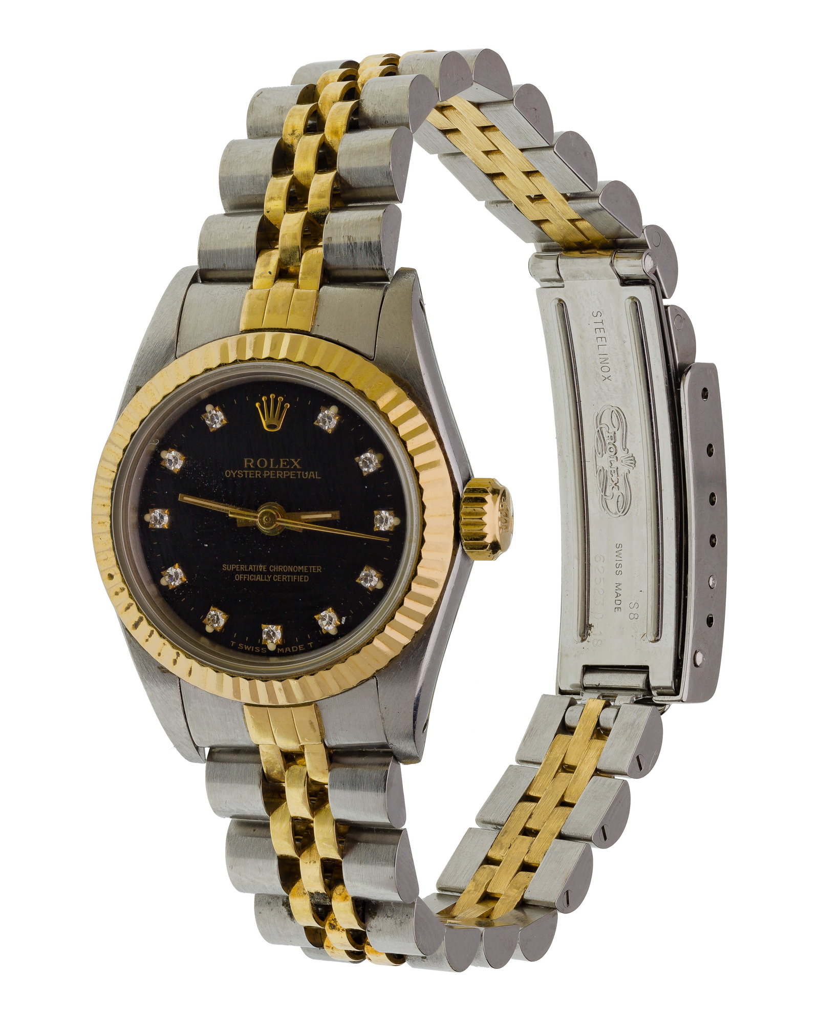 Rolex Stainless Steel and 18k Yellow Gold Oyster Perpetual Wristwatch: Rolex Stainless Steel and 18k Yellow Gold Oyster Perpetual Wristwatch c.1993, reference #67193, serial #S141704, having factory black diamond dial, gemstone numbers, tapered hands, jubilee bracelet wi