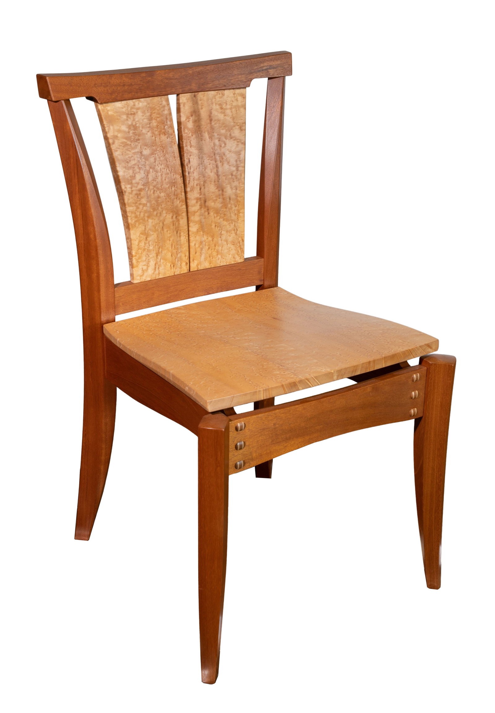 Larry Fagan Mixed Wood Chair: Larry Fagan Mixed Wood Chair 2003, hand made from walnut, cherry and birds-eye maple, having flaring back and tapered legs, incised initials 'LF' and date on inside of left seat rail Property from: a 