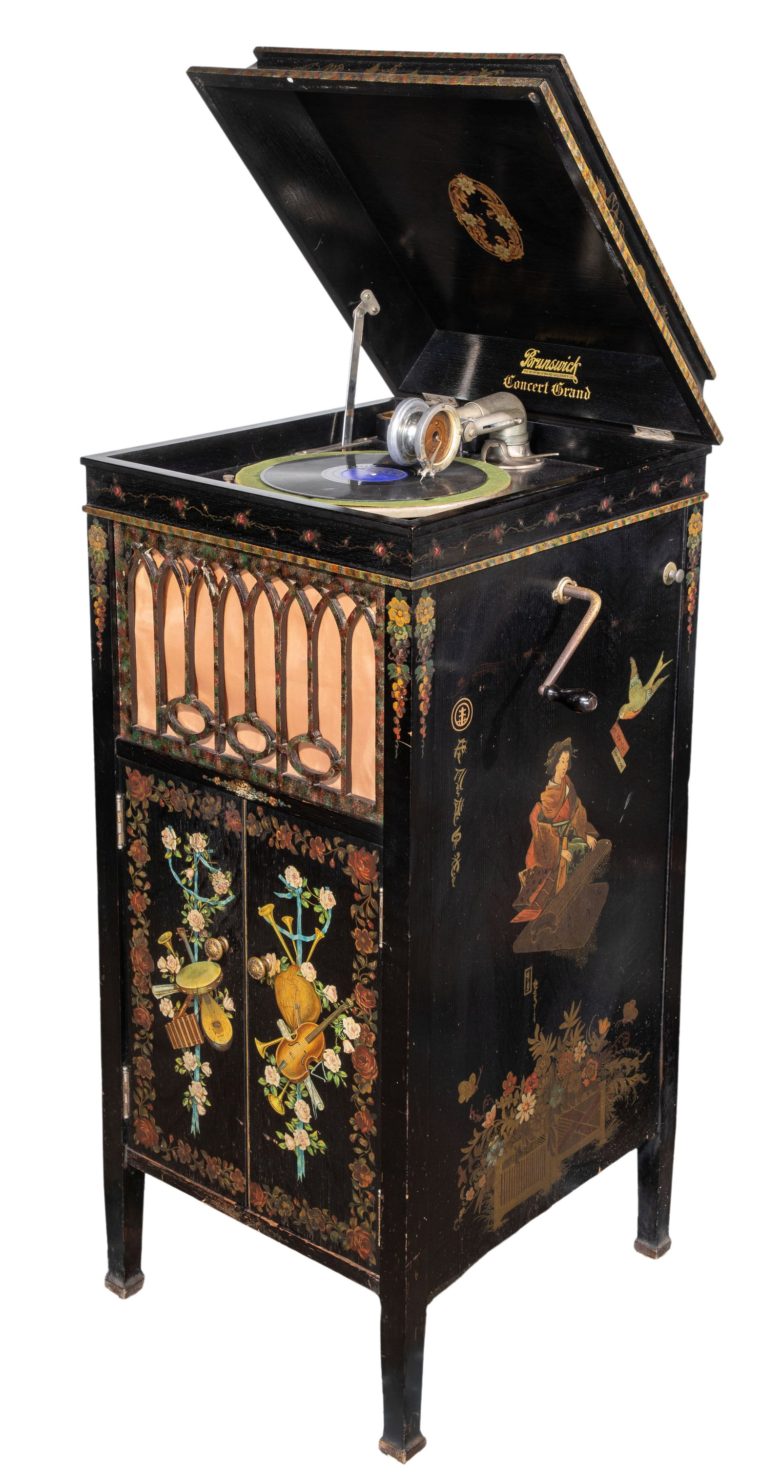 Brunswick Concert Grand Victrola: Brunswick Concert Grand Victrola Ebonized finish having hand painted scenes in an Asian motif, gilt lettering, hinged top, winding handle, grille cover over the built in amplifying horn, two doors ope