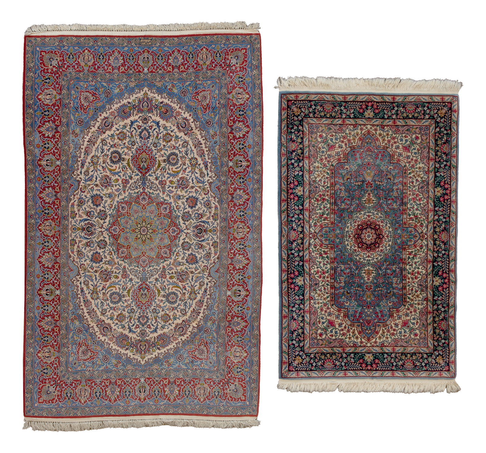 Persian Hand Knotted Wool Rugs: Persian Hand Knotted Wool Rugs (2) items including an abstract floral having a center medallion in hues of blue, wine, tan and green on a blue field, Arabic signature on edge, and an abstract floral h