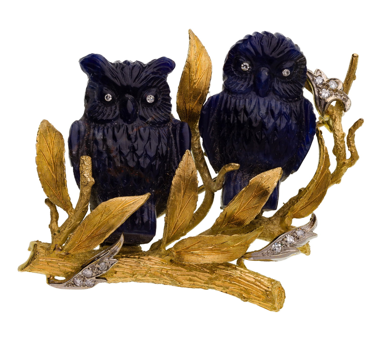 18k Gold, Hardstone and Diamond Brooch: 18k Gold, Hardstone and Diamond Brooch Two owls on a branch having diamond accents (unmarked) Property from: an Estate, Plano, Illinois Length: 2 inches, Width: 2 inches Weight: 18k gold: 21.03 dwts. 