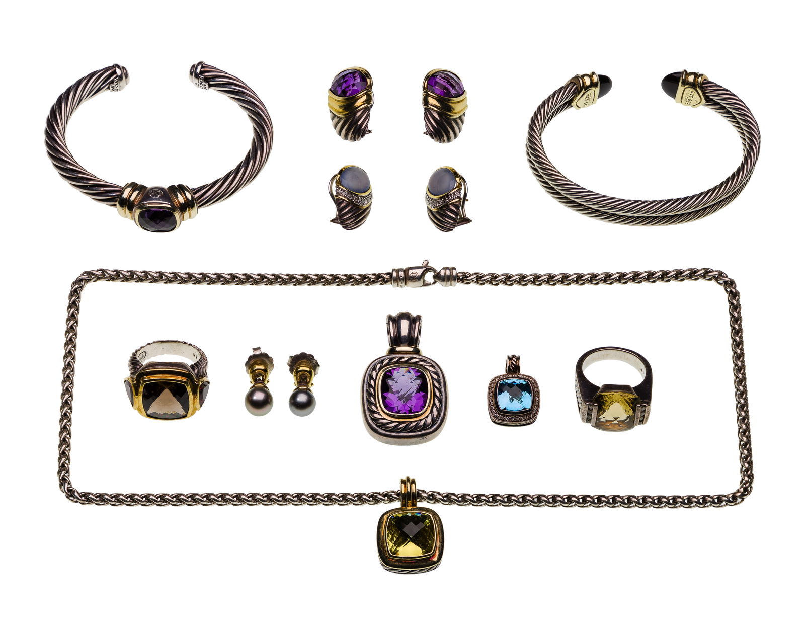 David Yurman Sterling Silver and Gemstone Jewelry Assortment: David Yurman Sterling Silver and Gemstone Jewelry Assortment (10) items including (2) rope style cuff bracelets, (2) pendants, a necklace with pendant on braided chain, (3) pairs of earrings and (2) s