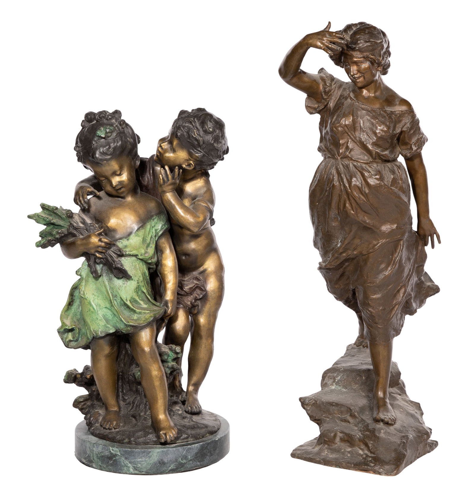 After Auguste Moreau (French, 1834-1917) and Gabriele Parente (Italian, 1875-1899) Bronze Sculpture: After Auguste Moreau (French, 1834-1917) and Gabriele Parente (Italian, 1875-1899) Bronze Sculpture (2) items having cast signatures on bases, including 'Secret', depicting children, after Moreau, pat