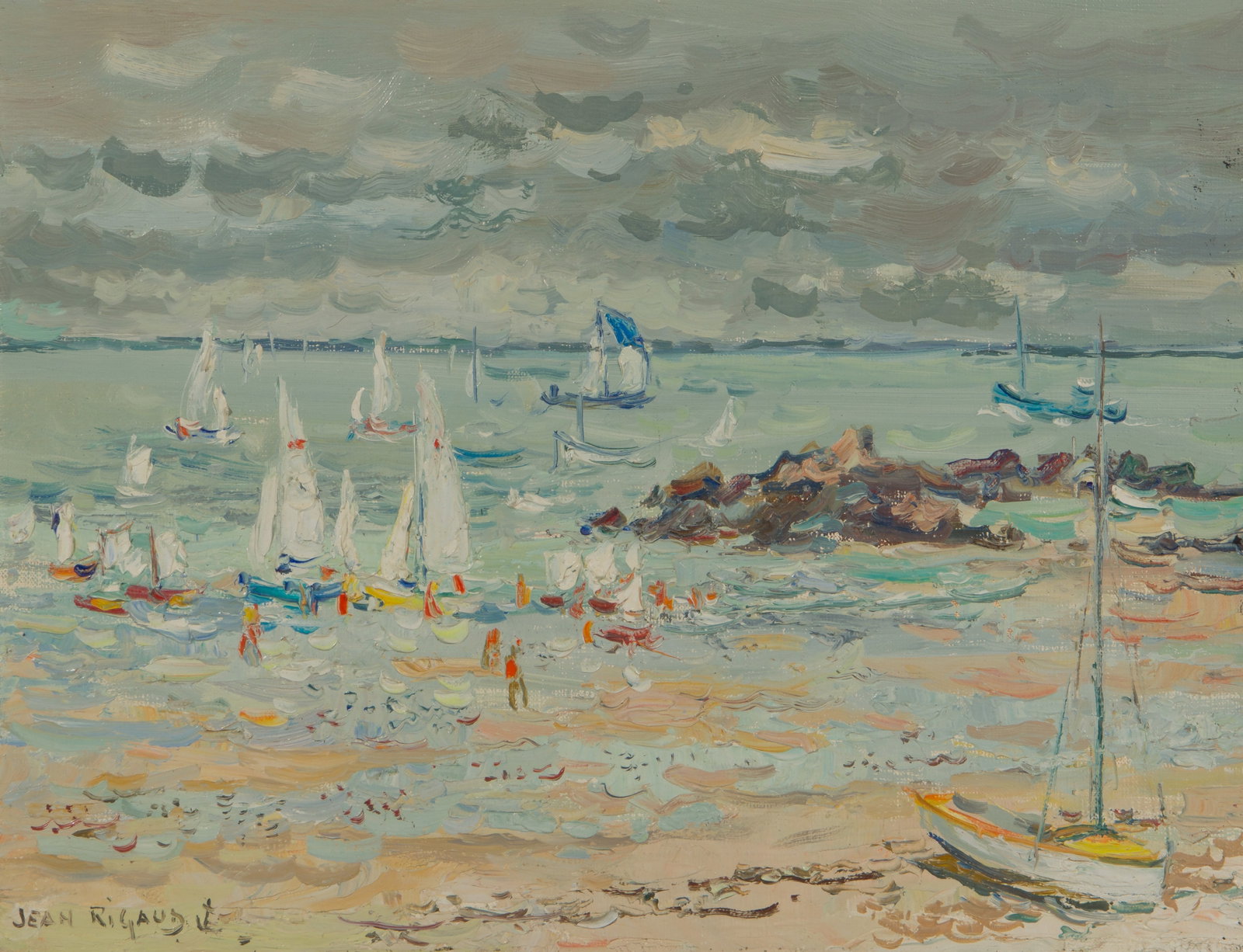 Jean Rigaud (French, 1912-1999) 'Plage Du Marais Sale' Oil on Canvas: Jean Rigaud (French, 1912-1999) 'Plage Du Marais Sale' Oil on Canvas 1979, signed lower left, signed again and titled verso, depicting sailboats, in a silver-tone wood frame Property from: an Estate, 