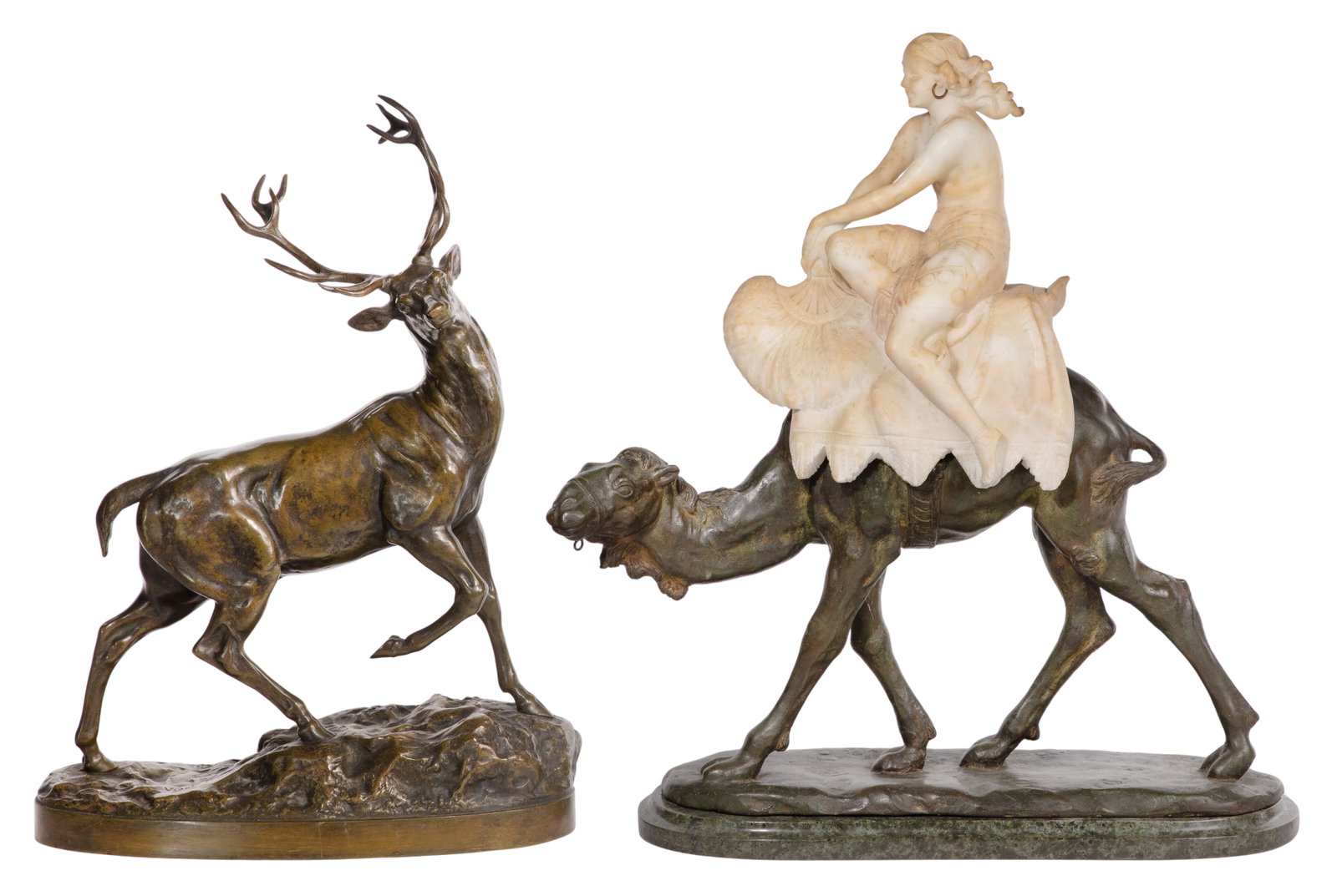 Jean-Baptiste Belloc (French, 1863-1919) Bronze Sculpture: Jean-Baptiste Belloc (French, 1863-1919) Bronze Sculpture (2) total items including an unsigned alabaster and bronze sculpture on marble base depicting semi-nude figure atop a strutting camel, removab