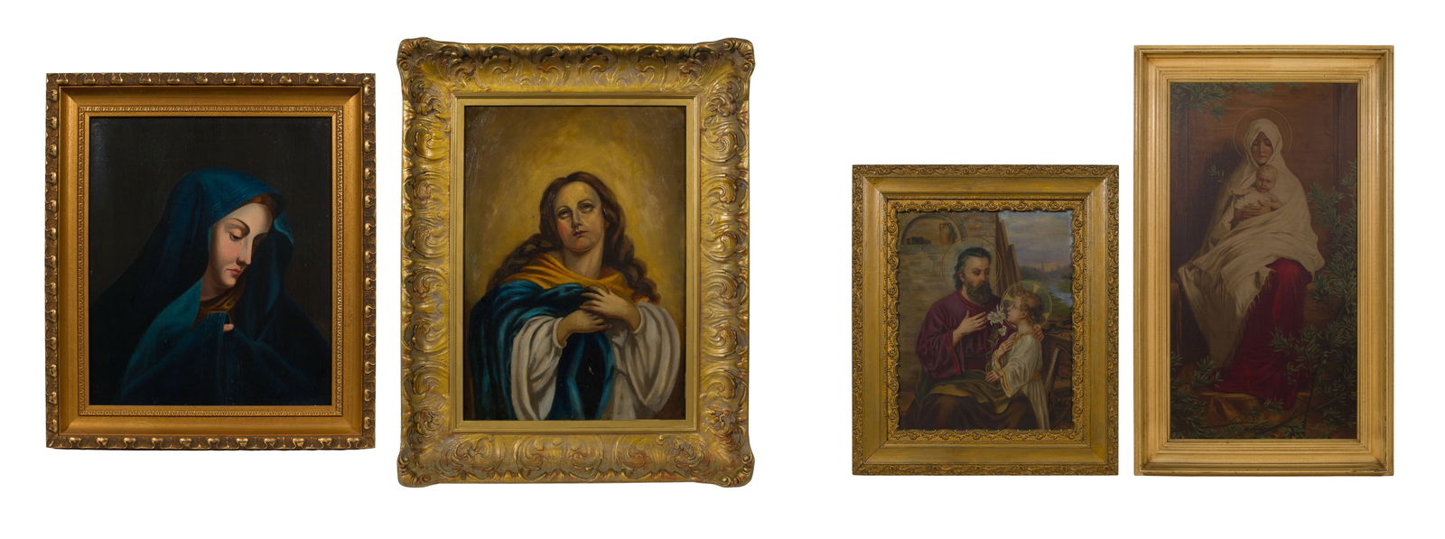 20th Century Religious Oil Paintings: 20th Century Religious Oil Paintings (4) total items, all undated, unsigned, including an after Carlo Dolci 'Mater Dolorosa' oil on canvas, an oil on board depicting Mother Mary as well as a St. Josep