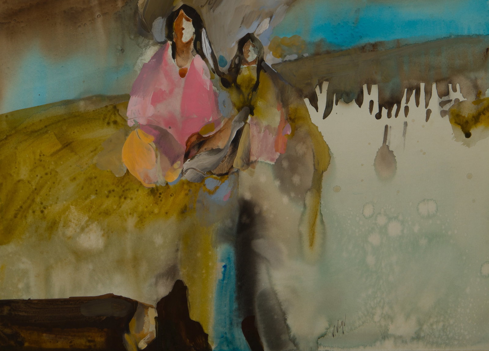 Veloy Vigil (American, 1931-1997) 'Dawn Shoes of Yellow' Watercolor: Veloy Vigil (American, 1931-1997) 'Dawn Shoes of Yellow' Watercolor Undated, signed lower right, depiction of Native Americans in a landscape, matted behind glass in a black lacquered wood frame havin