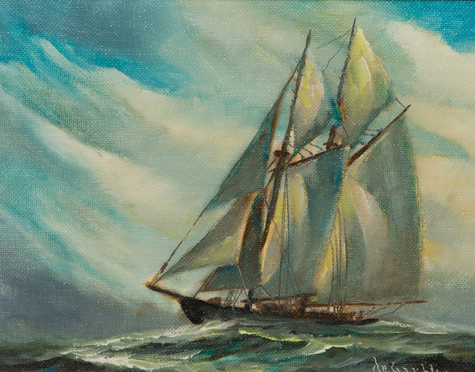 William De Garthe (Finnish, 1907-1983) Oil on Board: William De Garthe (Finnish, 1907-1983) Oil on Board Undated, signed lower right, depicting a sailboat, in a wood frame Property from: an Estate, Chicago (Chatham), Illinois Height: 6 7/8 inches, Width