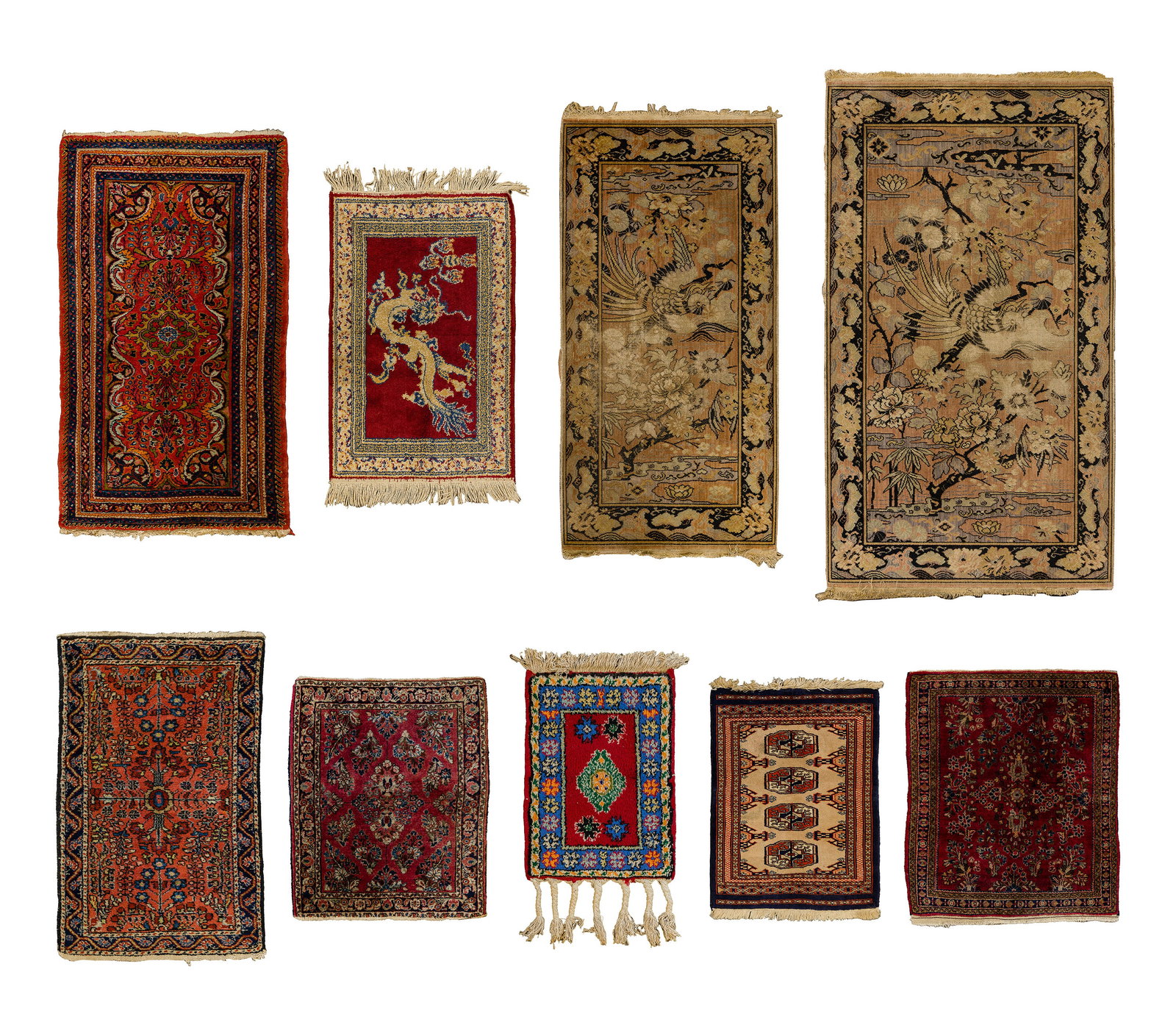 Throw Rug Assortment: Throw Rug Assortment (9) items including Asian figural and Persian abstracts, in a variety of colors such as blue, green, wine, pink, black and blue Property from: an Estate, Plano, Illinois Rug Size: