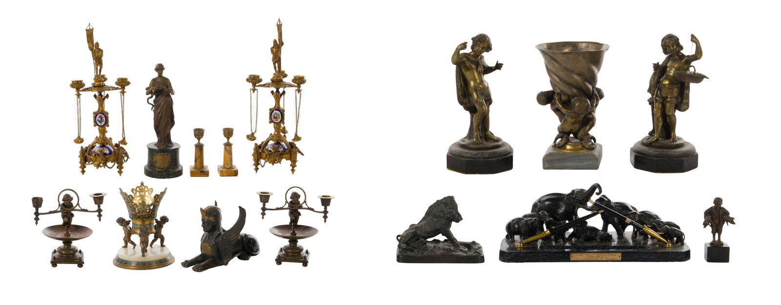 Decorative Metal Sculpture Assortment: Decorative Metal Sculpture Assortment (15) items including a Spanish themed gilded mantle candelabra set, a Renaissance style cherub motif candleholder set, a winged sphinx, a marble and brass candle 