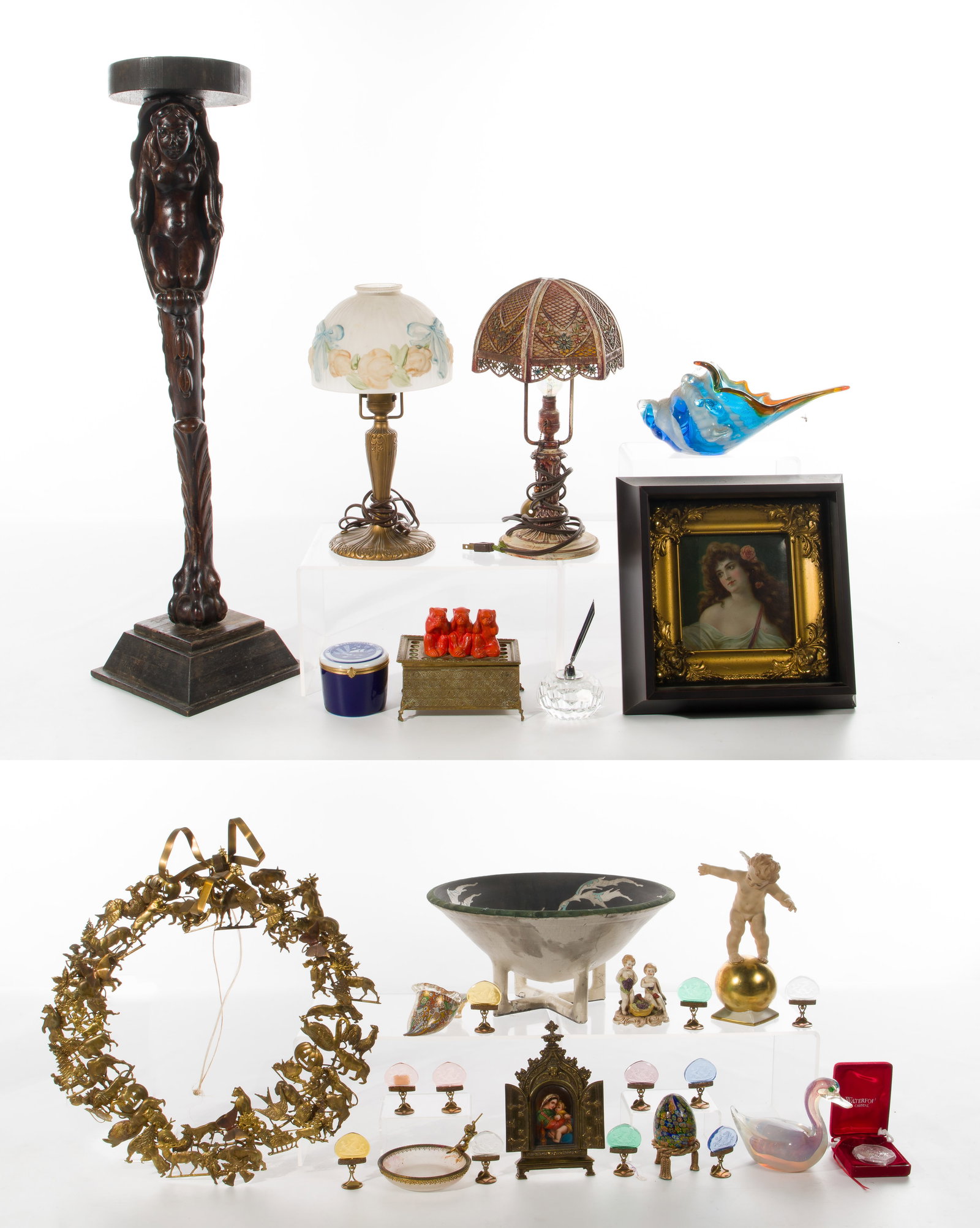 Decorative Object Assortment: Decorative Object Assortment Approximately (30) items including a Petite Choses Dresden all season wreath, a gilt wood framed tin lithograph in a shadow box, a set of twelve Austrian crystal place car