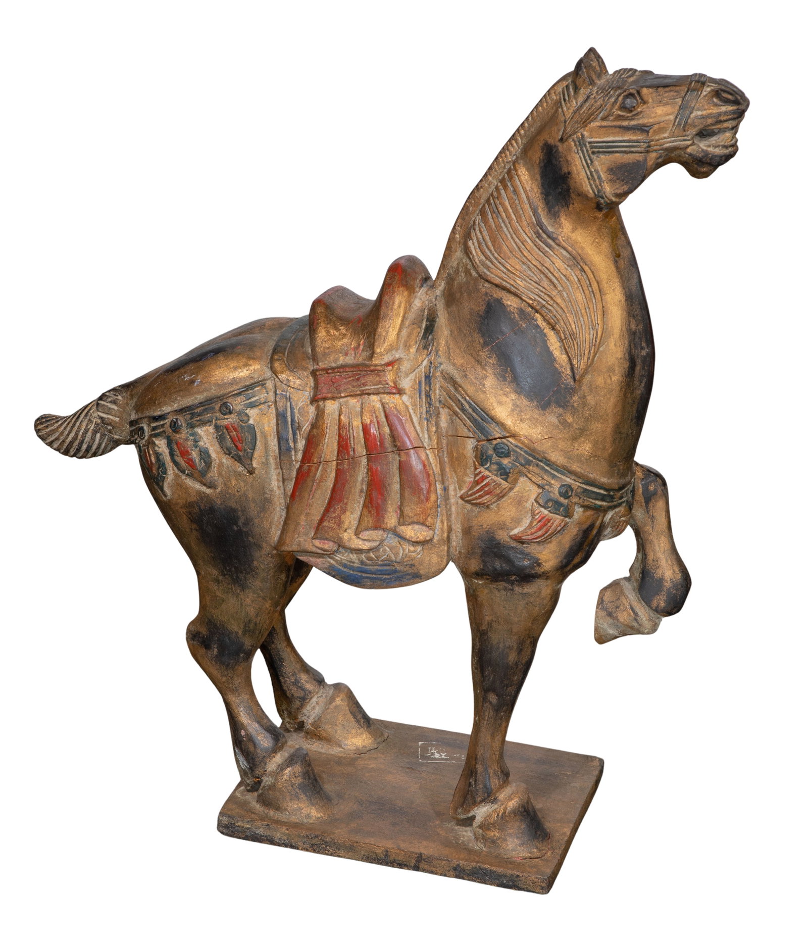 Chinese Painted Wood Horse: Chinese Painted Wood Horse A Tang-style horse in a prancing stance having its front leg raised, a painted saddle and embellishments, mounted on a wood plinth Property from: a Private Collector, Oak Br