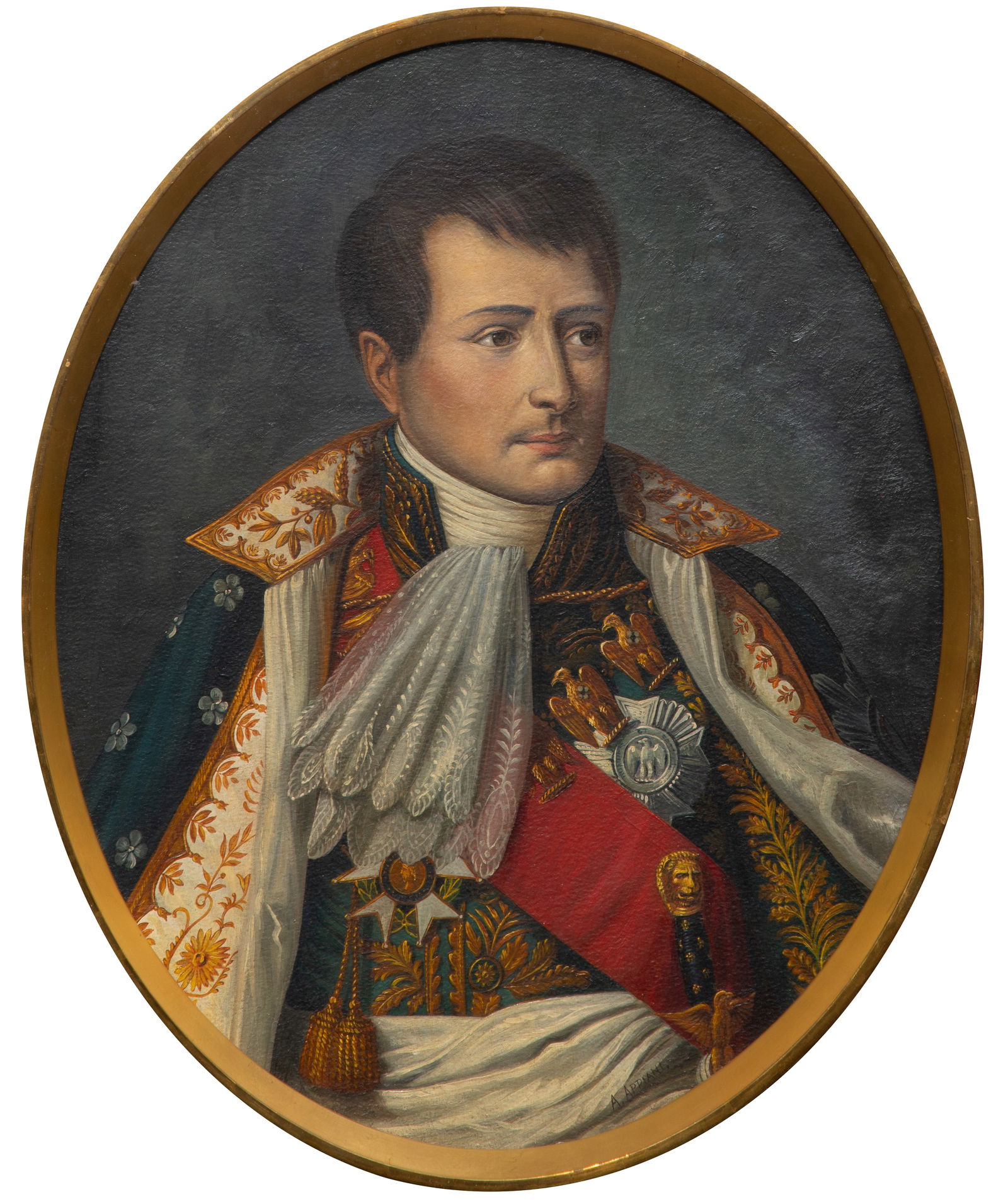 After Andrea Appiani the Elder (Italian, 1754-1817) Oil on Board: After Andrea Appiani the Elder (Italian, 1754-1817) Oil on Board Undated, signed lower left, three-quarter length portrait of Napoleon in his regal regalia, under glass in a neoclassical style gesso o