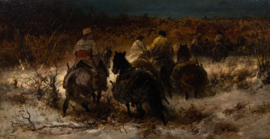 Adolphe Schreyer (German, 1828-1899) 'Cossacks Riding Through the Plains' Oil on Canvas