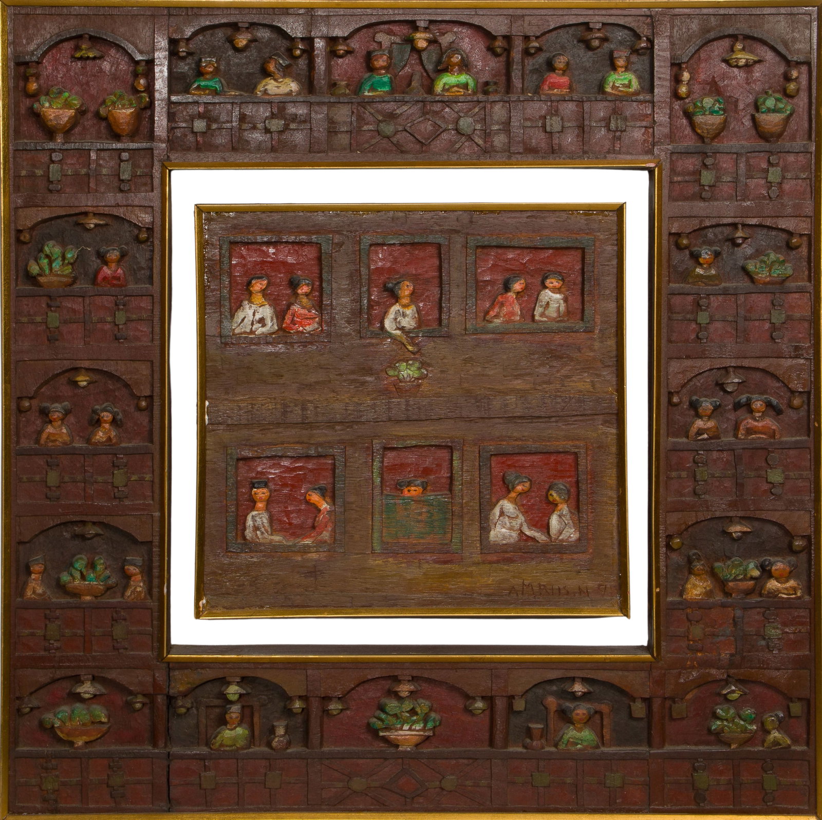 Natalsya Amrus (Indonesian, b.1933) Oil on Wood: Natalsya Amrus (Indonesian, b.1933) Oil on Wood 1995, signed lower right, hand carved and painted figures appearing to be on balconies, floated on acrylic in a wood frame Property from: a Private Coll