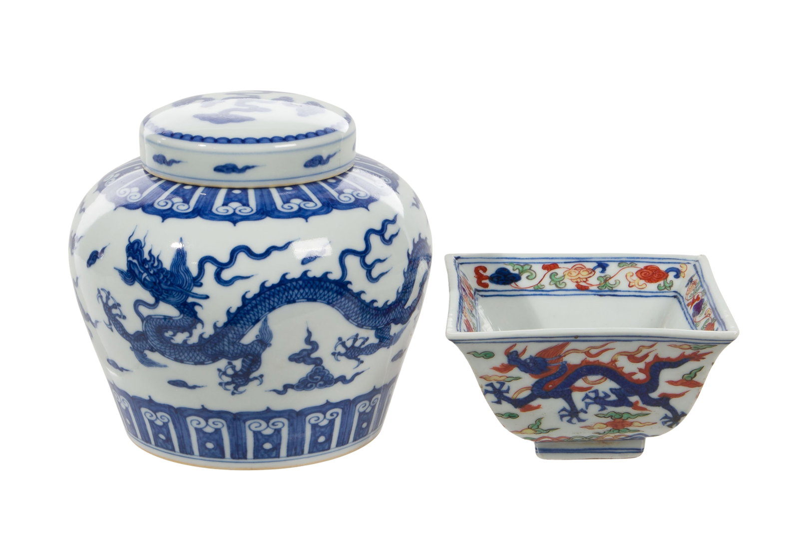 Chinese Porcelain: Chinese Porcelain (2) items including a Ming style wucai glazed square bowl having a vibrant dragon motif with a six character blue underglaze marks on the underside 'Daimeika' by Yasutashi as well as