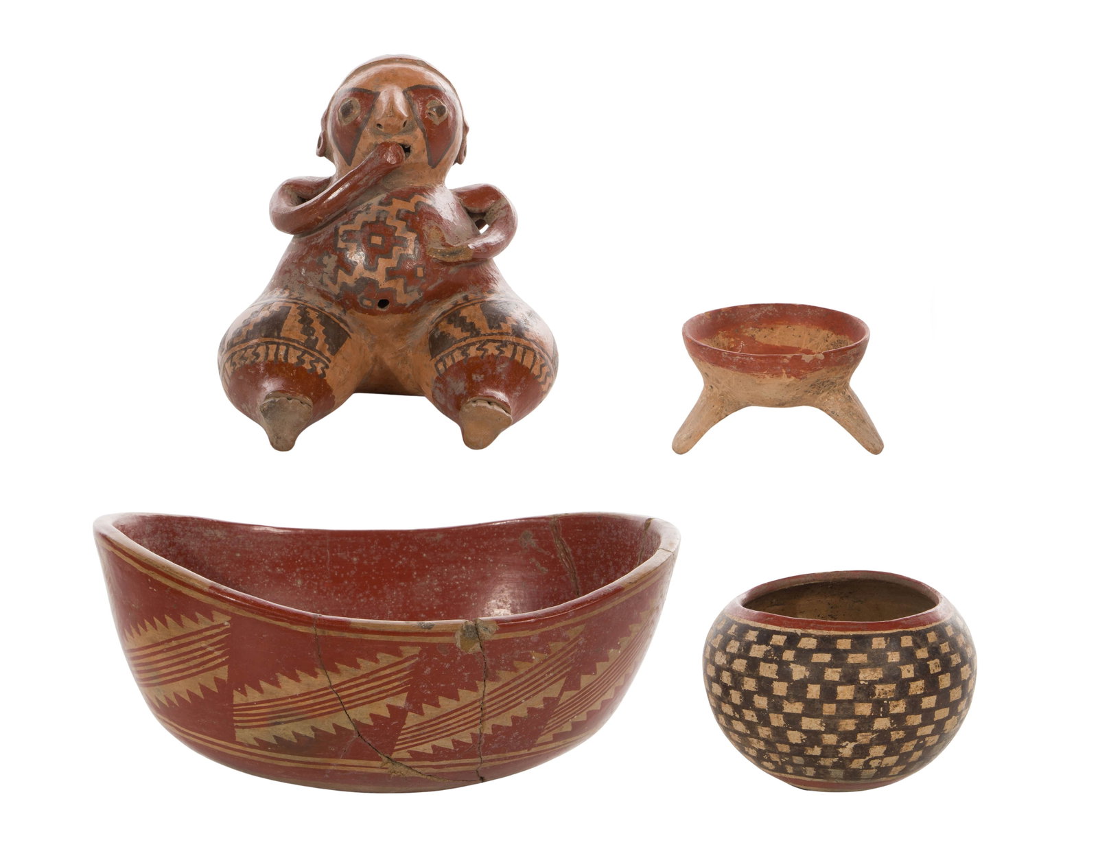 Chupicuaro Pottery Assortment: Chupicuaro Pottery Assortment (4) items including a detailed polychrome seated 'peyote eater' hunchback figurine, an oval bowl having a red slip finish over a buff ground, a checked polychrome bowl an