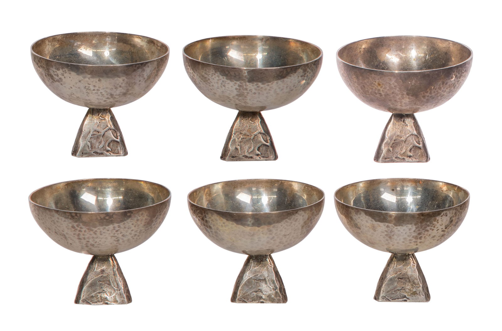 William Frederick Sterling Silver Salt Cellars: William Frederick Sterling Silver Salt Cellars A set of six hand wrought bowls having a triangle foot (signed 'WF' and marked 'sterling') Property from: a Private Collector, Chicago (Rogers Park), Ill