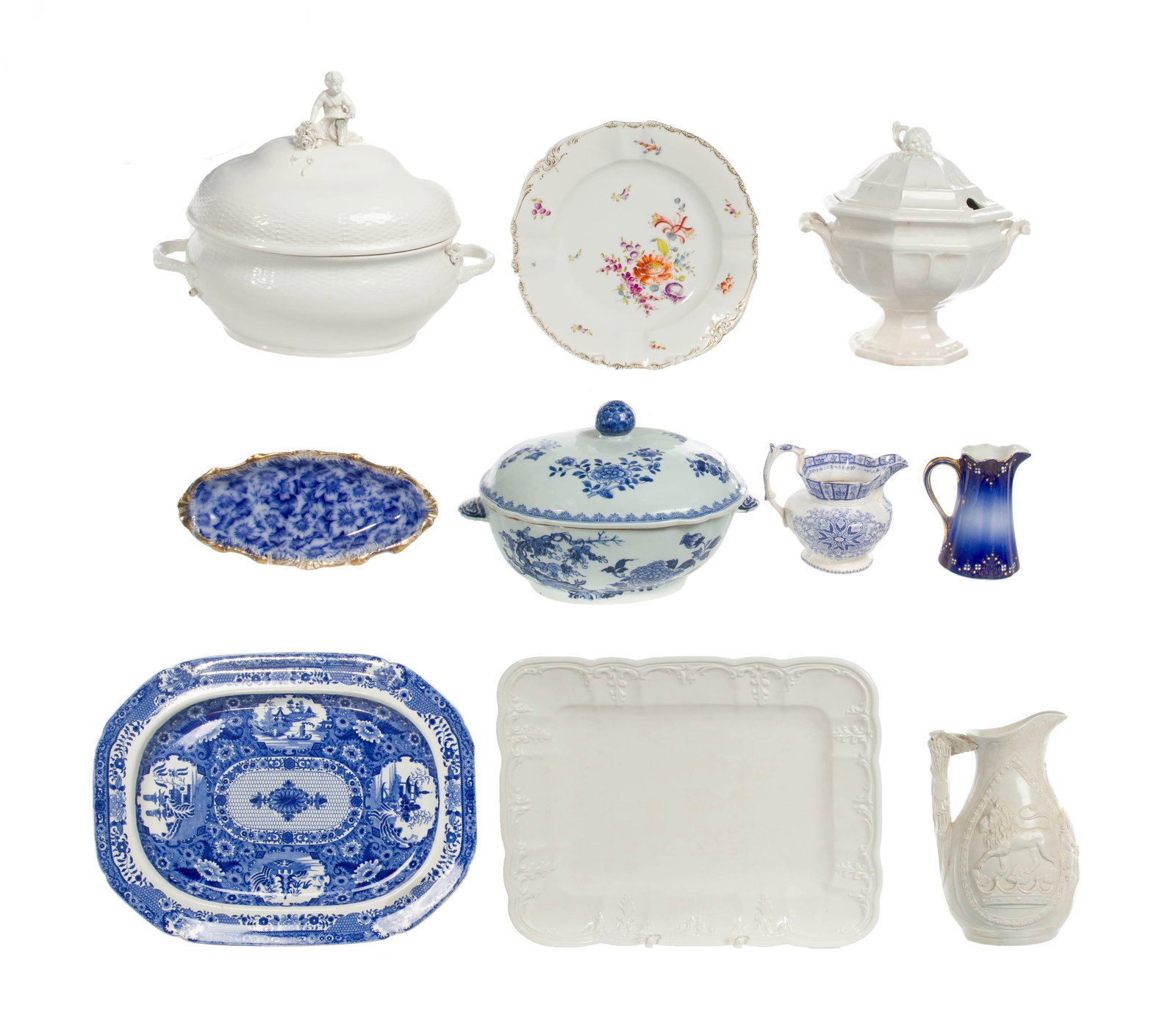 Porcelain Assortment: Porcelain Assortment Including pitchers, sugar, creamer, lidded dishes, lidded tureen and platters, some having marks Property from: an Estate, St. Charles, Illinois Height: 1 inches, Width: 19 inches