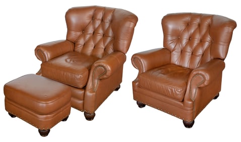 Leathercraft Tufted Leather Armchairs and Ottoman