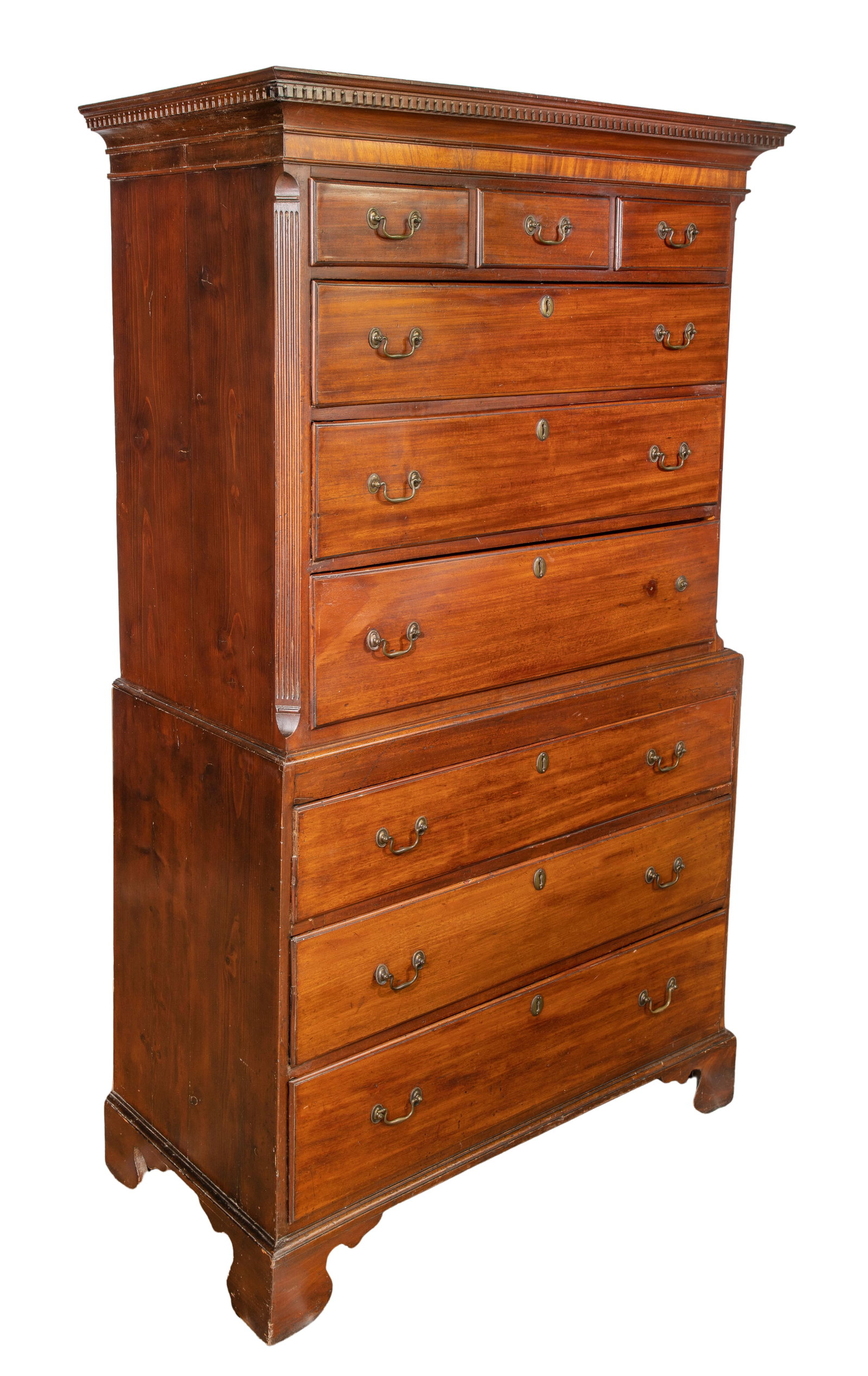 Chest on Chest: Chest on Chest Having a dentil work cornice, satinwood banded frieze and quarter columns, brass hardware and bracket feet Property from: an Estate, St. Charles, Illinois Height: 73 1/2 inches, Width: 