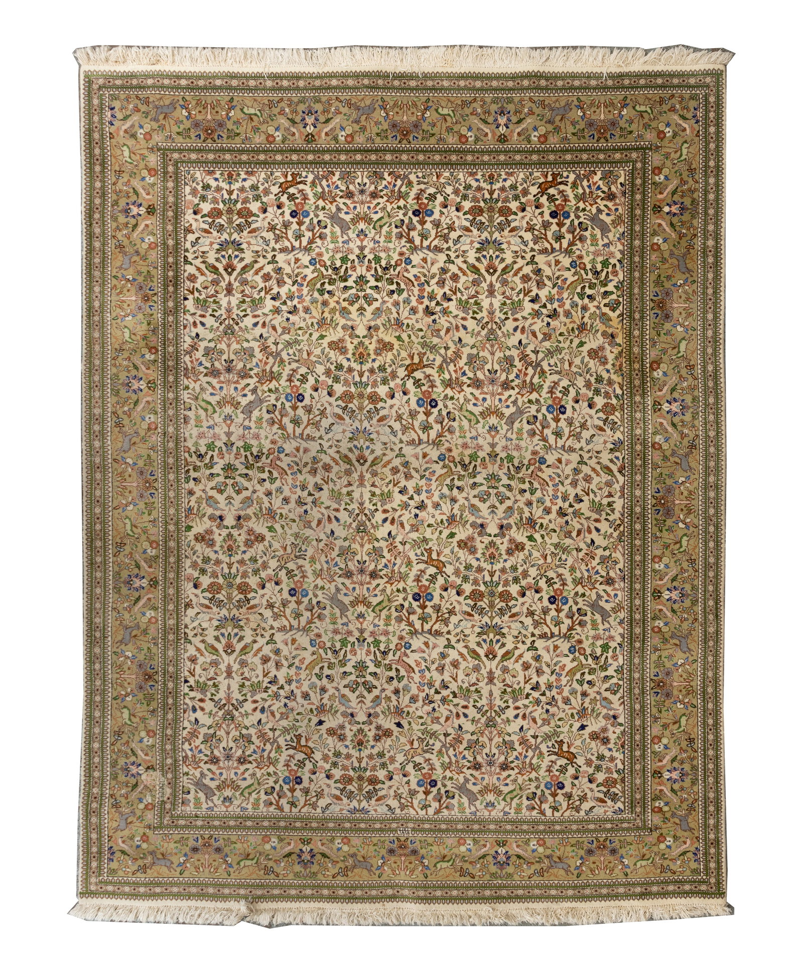 Persian Wool Rug: Persian Wool Rug Hand knotted having an abstract floral and animal design in hues of gray, pink, mauve and green on a cream field, having signature near fringe Property from: an Estate, St. Charles, I