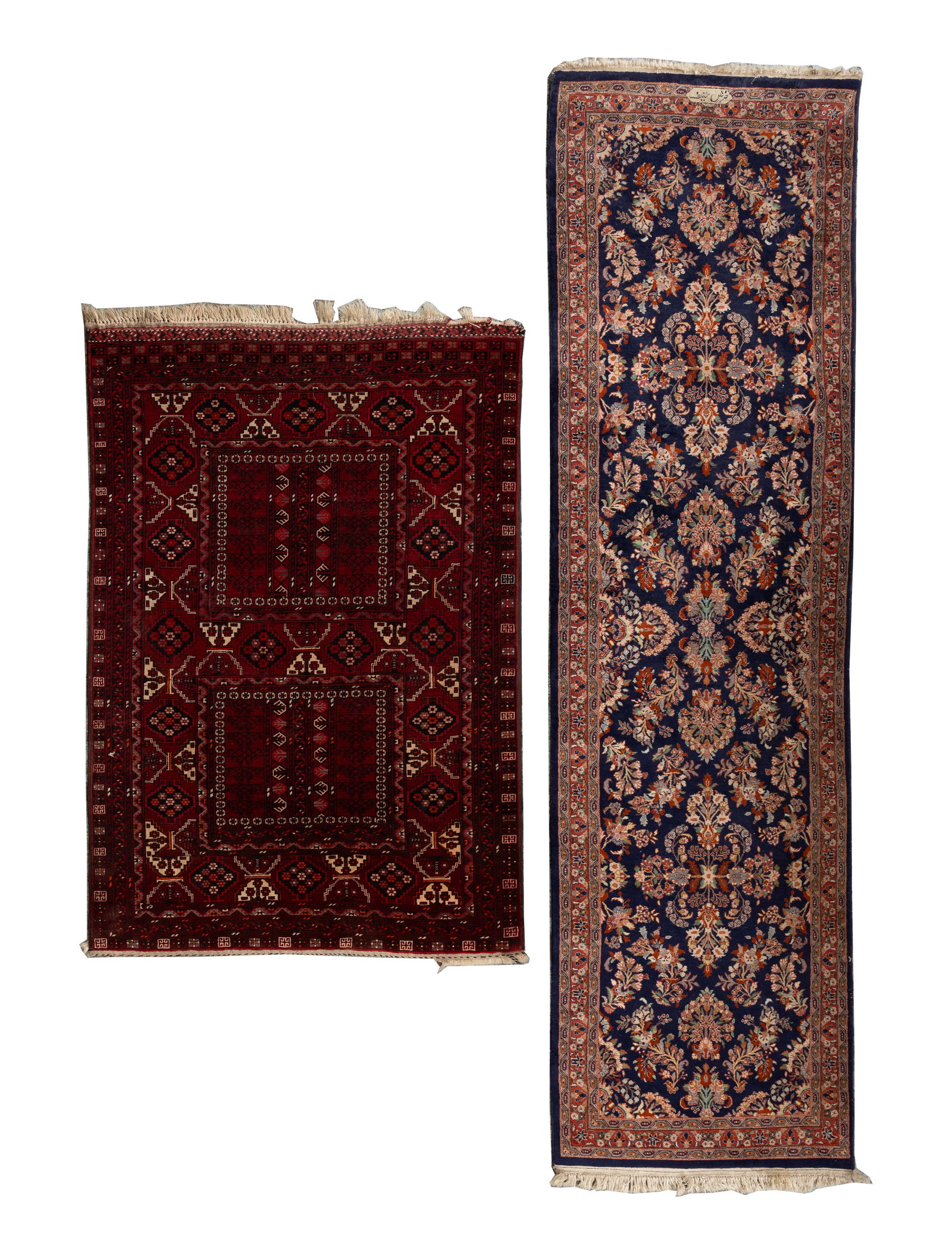 Persian Wool Rugs: Persian Wool Rugs (2) items including a hand knotted runner having an abstract geometric floral design in hues of blue, black and cream on a wine field, fringe with a signature on one end and a hand k