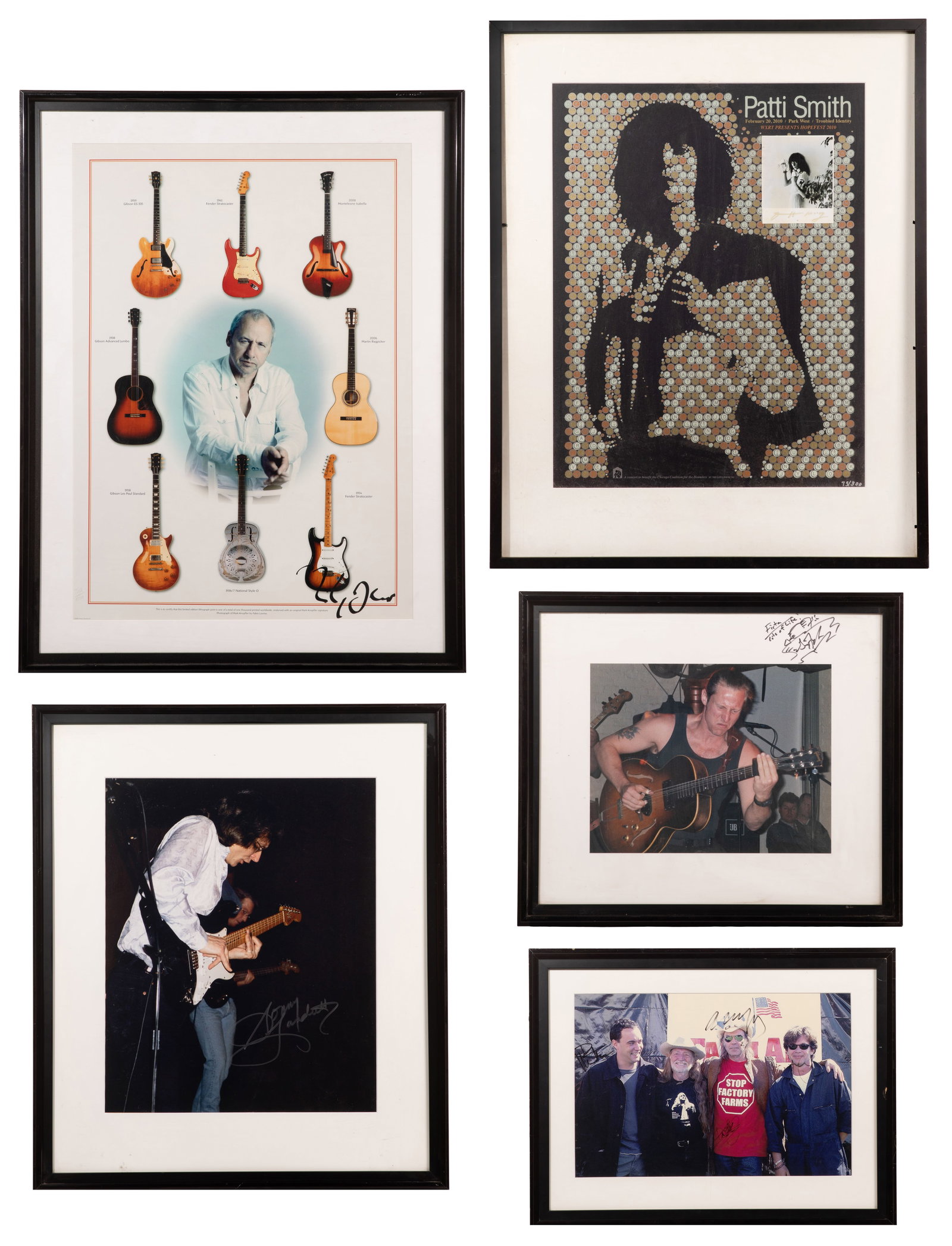 Signed Poster and Photograph Assortment: Signed Poster and Photograph Assortment (5) items including a Farm Aid photograph signed by Willie Nelson, Dave Matthews, Neil Young and John Mellencamp, a Patti Smith, a Mark Knopfler, a Sonny Landre