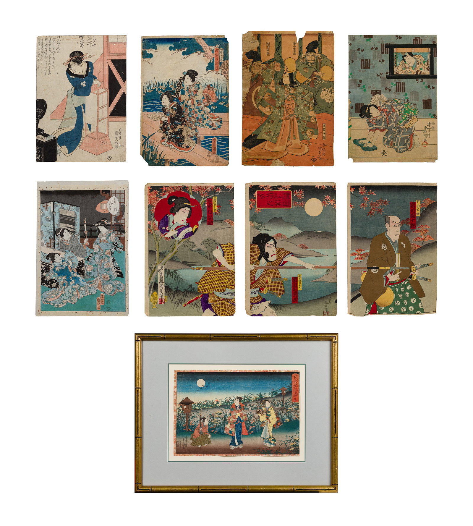 Kunisada (Japanese,1786-1865) Woodblock Print Assortment: Kunisada (Japanese,1786-1865) Woodblock Print Assortment (9) total items including a center woodcut from the triptych 'Shizuki Gozen Dancing for Yorimoto', a complete triptych 'Kagamiyama Nishiki no M