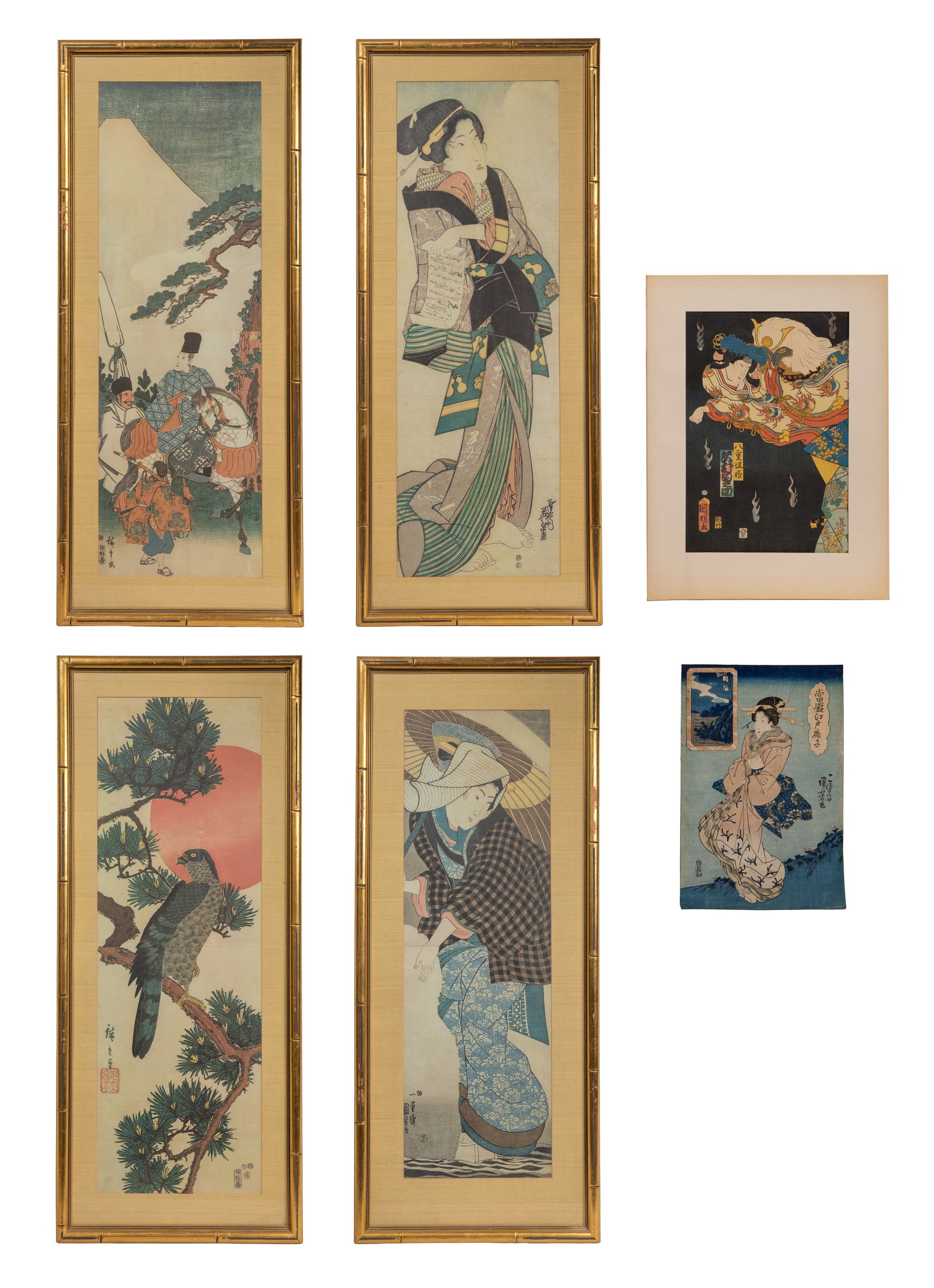 Utagawa Kuniyoshi (Japanese, 1797-1861) Woodblock Print: Utagawa Kuniyoshi (Japanese, 1797-1861) Woodblock Print (6) total items including an undated Kuniyoshi, artist mark in print, depicting a geisha, unframed; together with an unidentified woodblock and 
