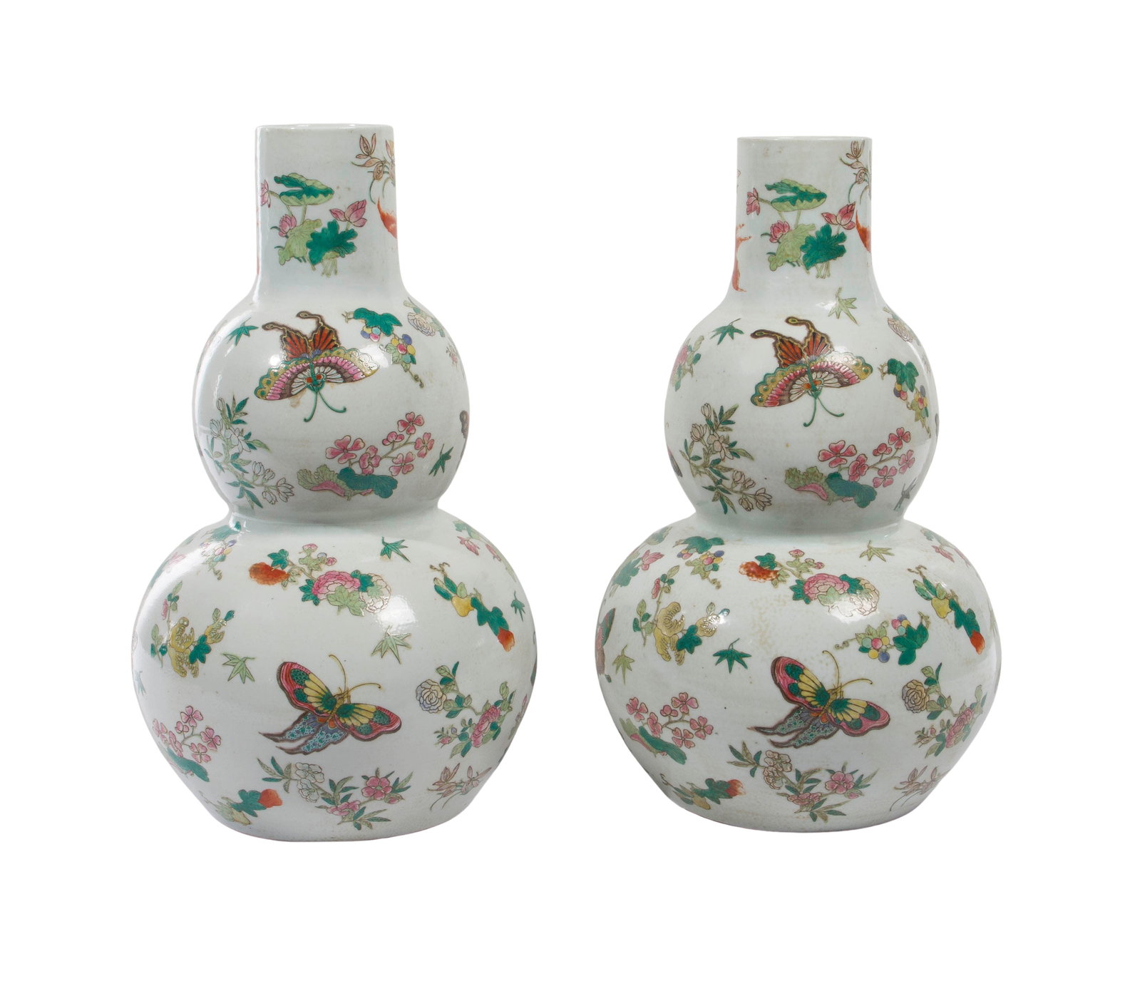 Chinese Porcelain Vases: Chinese Porcelain Vases A pair, double gourd form having famille rose butterflies and flowers, red underglaze mark on underside Property from: an Estate, Evanston, Illinois Height: 19 inches, Diameter
