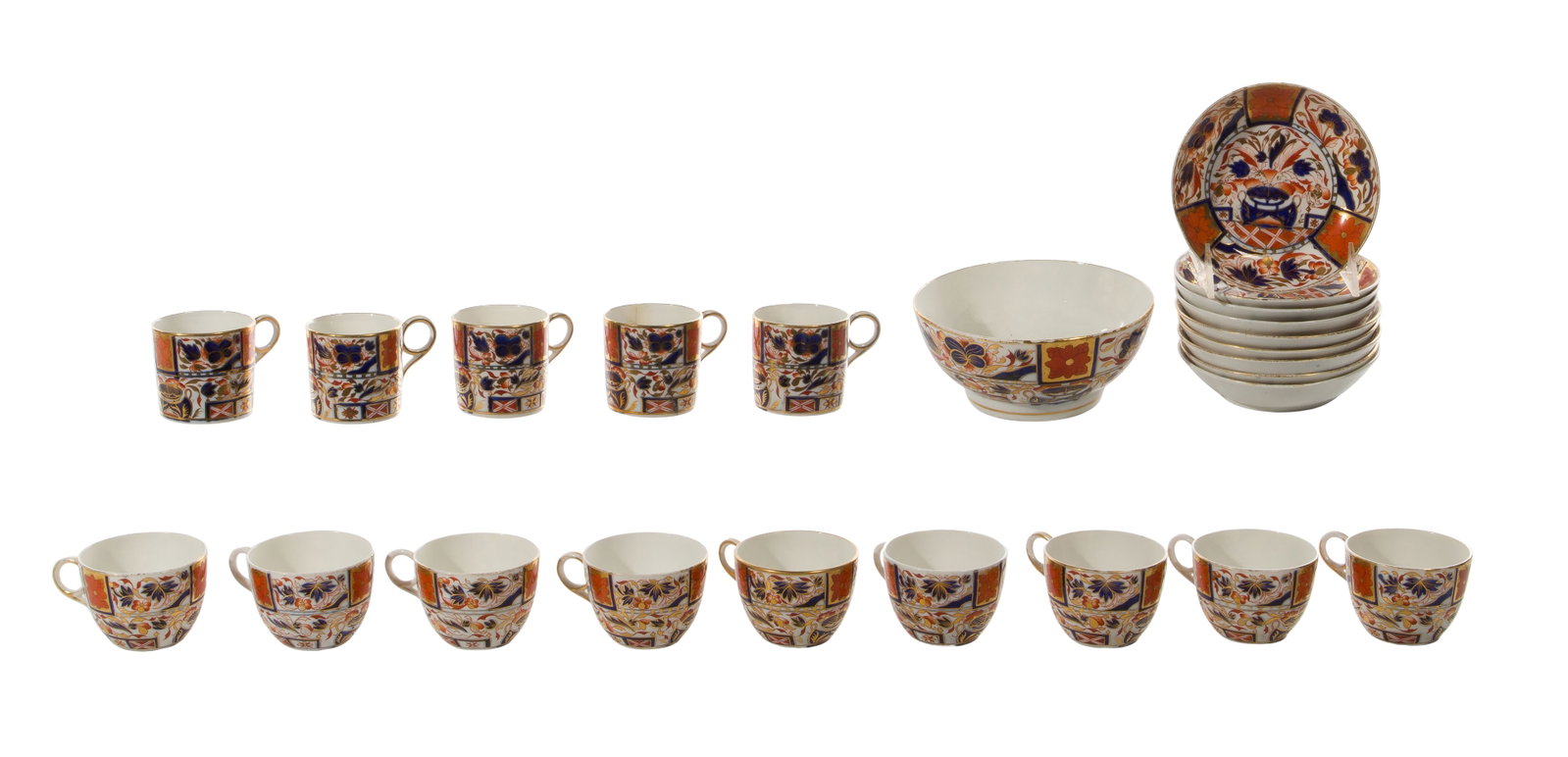 Japanese Imari Style Porcelain Assortment: Japanese Imari Style Porcelain Assortment (24) items including (9) teacups, (5) demitasse cups, (9) berry bowls and a larger bowl Property from: an Estate, St. Charles, Illinois Height: 7 1/4 inches, 