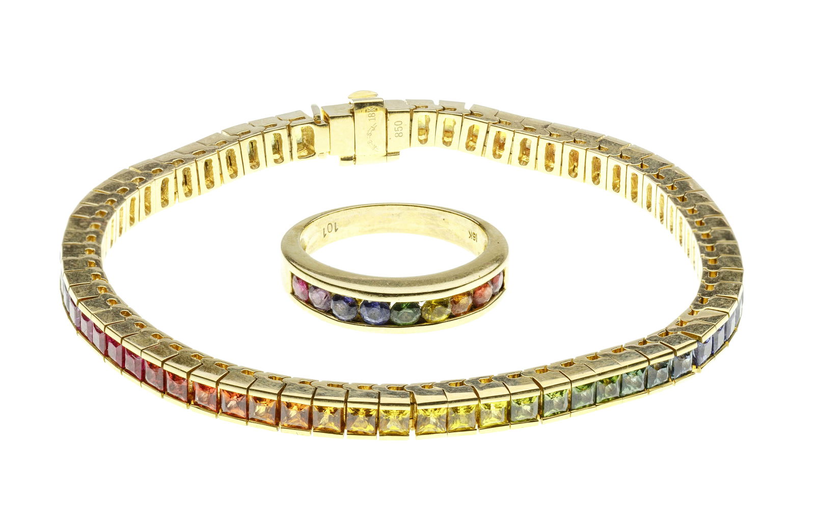 18k Yellow Gold and Multi-Color Sapphire Bracelet and Ring (1 of 5)