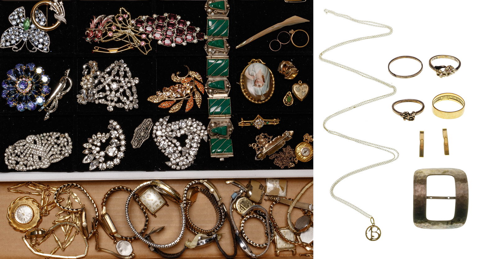 Gold, Silver, Rhinestone, Victorian and Costume Jewelry and Wristwatch Assortment (1 of 1)