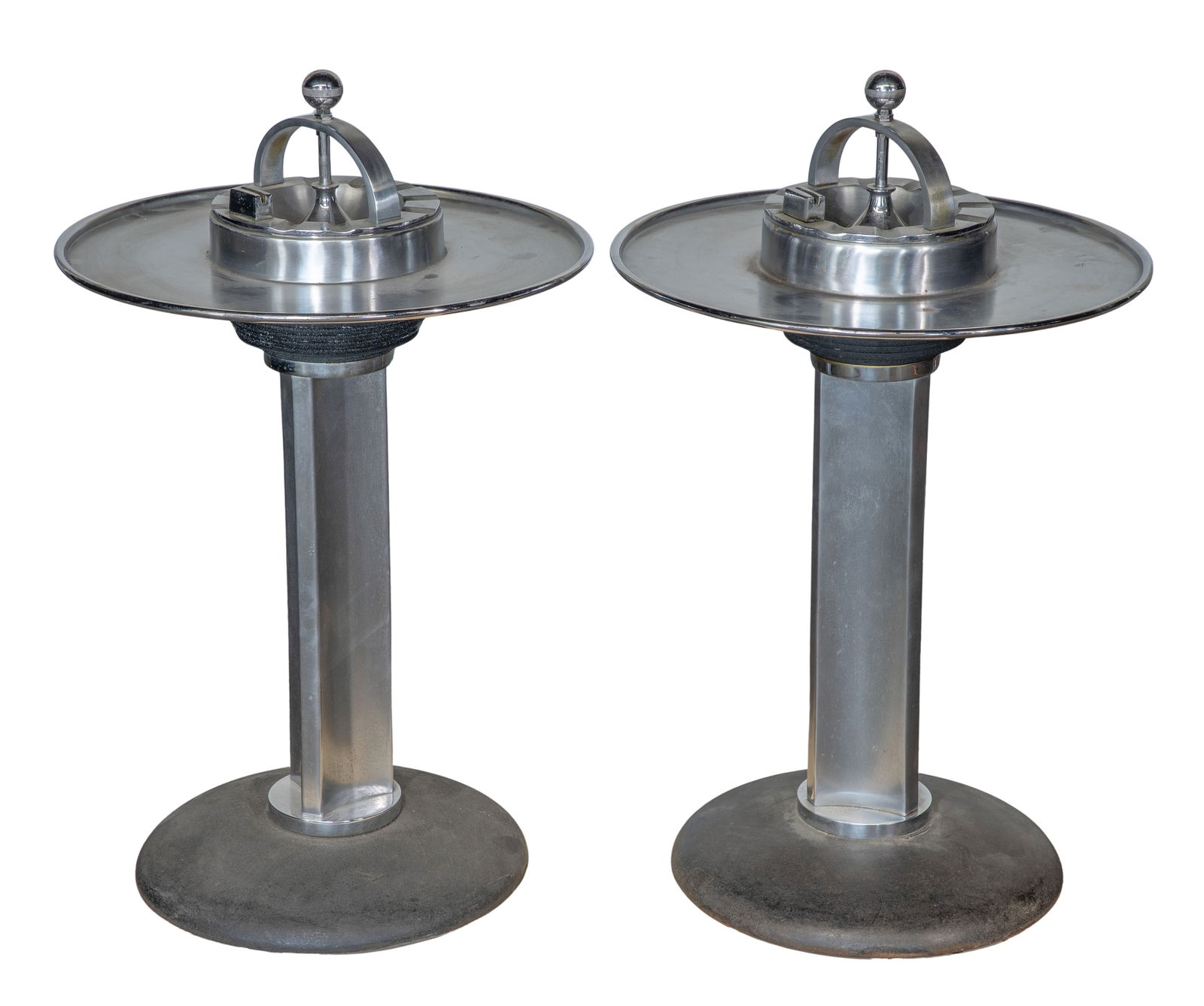 Attributed to William J. Campbell Art Deco Chrome Smoking Stands: Attributed to William J. Campbell Art Deco Chrome Smoking Stands c.1938, designed for Henry Dreyfuss, a pair having a chrome metal construction and black painted bases Property from: an Estate, Huntle