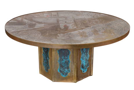 Philip and Kelvin Laverne Chan Coffee Table: Philip and Kelvin Laverne Chan Coffee Table Undated, raised signature bottom center, patinated pewter, bronze and hand painted enamels depicting a Chinese landscape having figures, structures, horses
