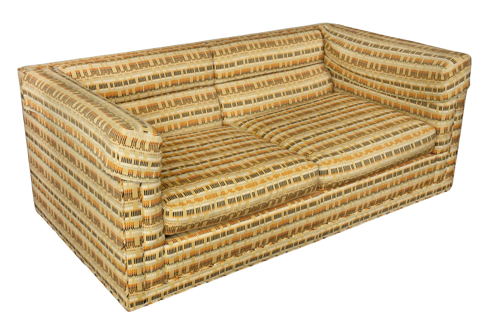 Edward Wormley for Dunbar Love Seat: Edward Wormley for Dunbar Love Seat Having original upholstery in a geometric design, two cushions, squared arms and removable seat cushion and arm covers Property from: an Estate, Chicago (West Ridge