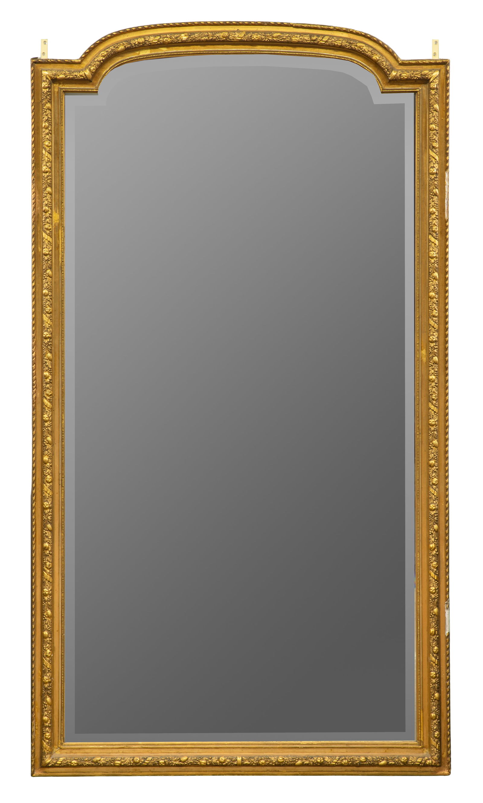 Gilt Wall Mirror: Gilt Wall Mirror Having a carved gesso flower, leaf and scroll motif, beveled glass Property from: an Estate, Chicago (Edgewater) Illinois Height: 74 1/2 inches, Width: 41 inches Condition: missing se